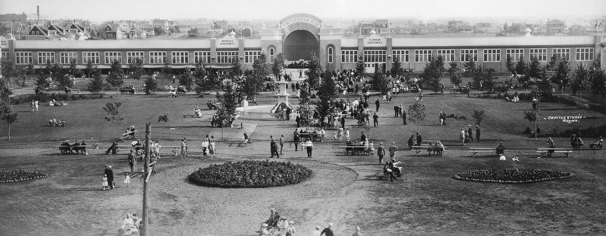 Black and white photo of Evraz Place, the original exhibition structure in Regina, SK