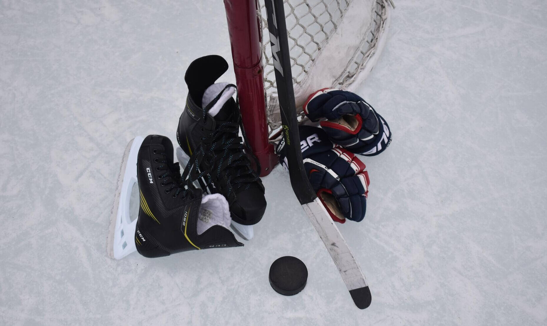 Hockey equipment on the ice - stock