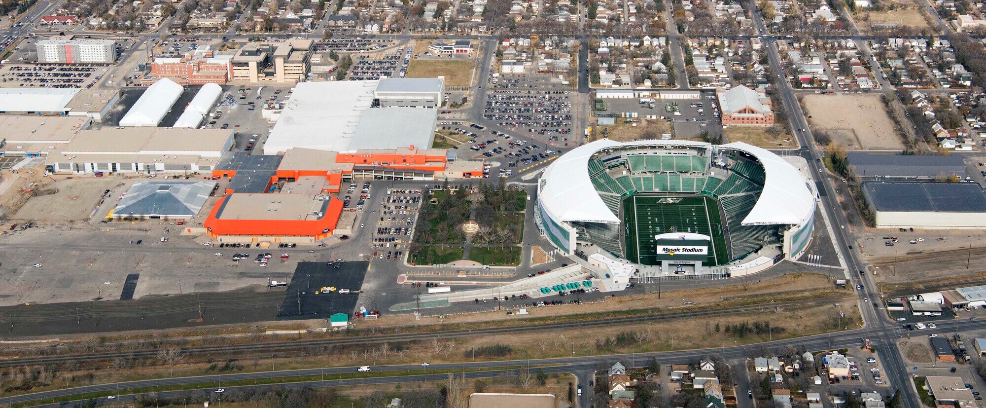 Drone image of the REAL District venues in Regina, Saskatchewan