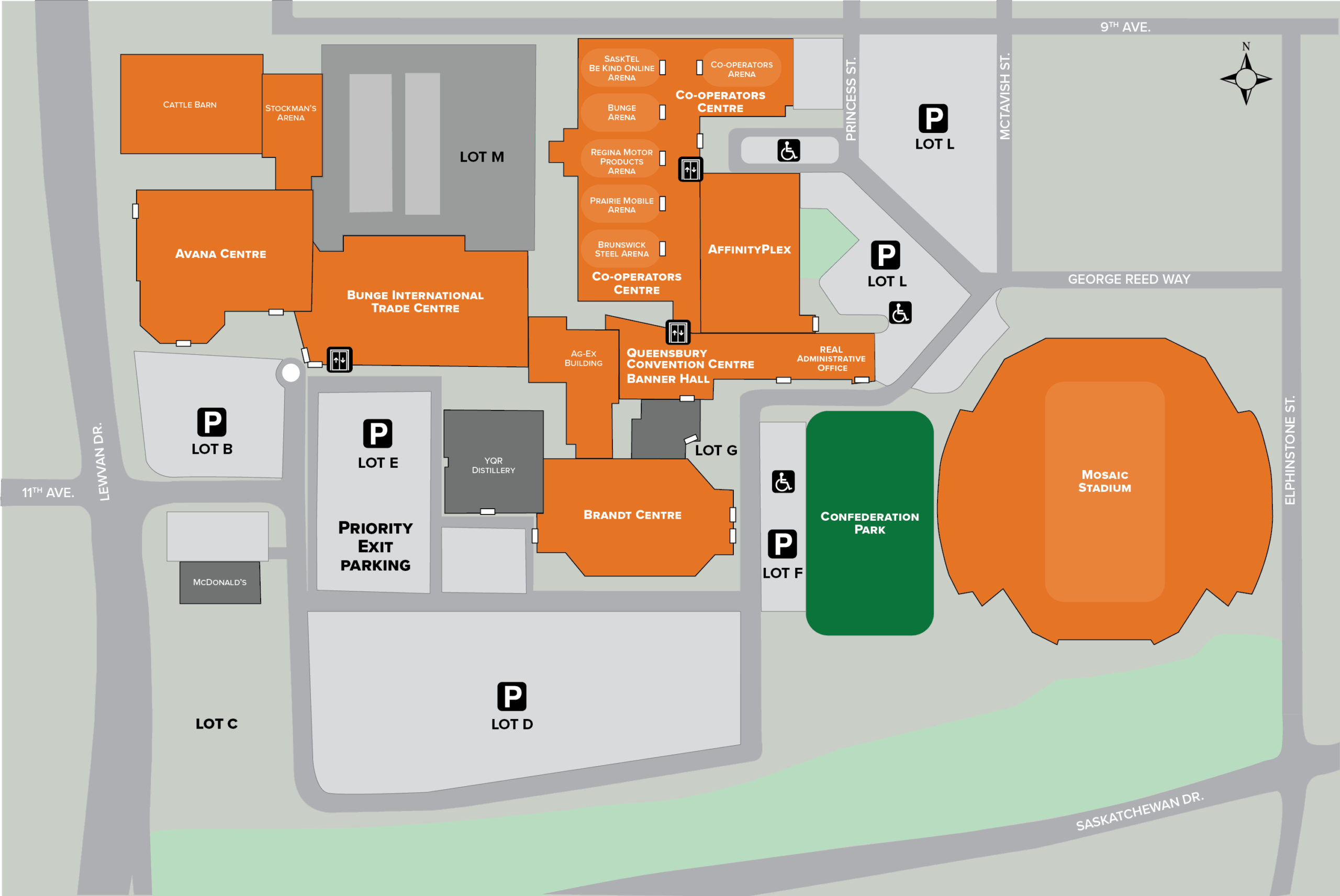 Evraz Place venue map with parking lots.